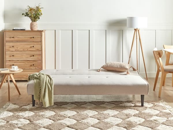 Sovesofa Lysebeige 3-seter Knappet Sete Click Clack