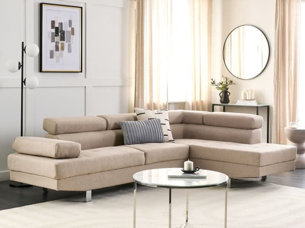 Kulmasohva beige kangas verhoiltu viidelle säädettävä niskatuilla vasenkätinen moderni