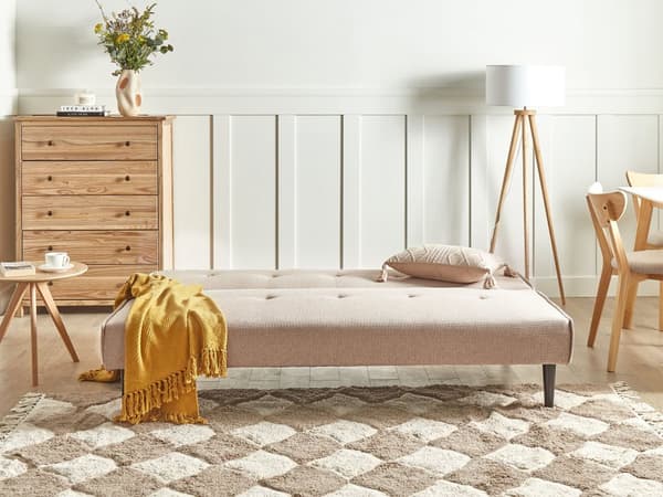 Bäddsoffa Beige Tyg 3-sits med Knappar Utan Armstöd Justerbart Ryggstöd Retro Traditionell Design Vardagsrum Sovrum Gästrum