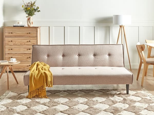 Bäddsoffa Beige Tyg 3-sits med Knappar Utan Armstöd Justerbart Ryggstöd Retro Traditionell Design Vardagsrum Sovrum Gästrum