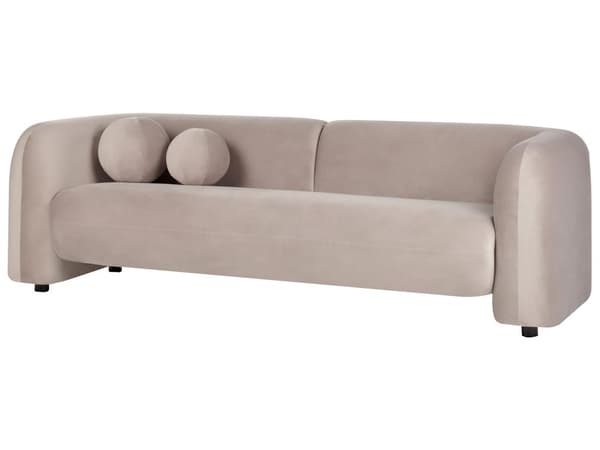 3-seters Sofa Taupe Fløyel Stoff Myk Nubby med Ekstra Kasteputer Retro Glam Art Dekor Stil