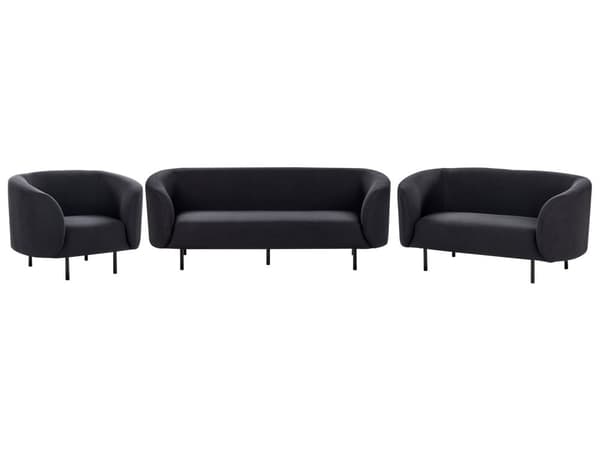 Stue Sett Svart Stoff Mykt Nubby Svart Ben 3 Seter Sofa Loveseat Lenestol Retro Glam Art Dekor Stil