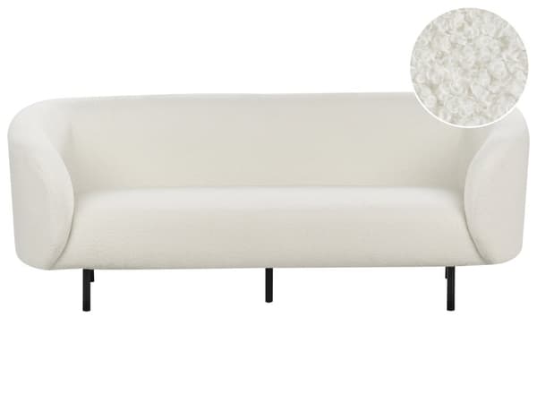 3-seters Sofa Hvit Boucle Stoff Mykt Nubby Svart Ben Retro Glam Art Dekor Stil
