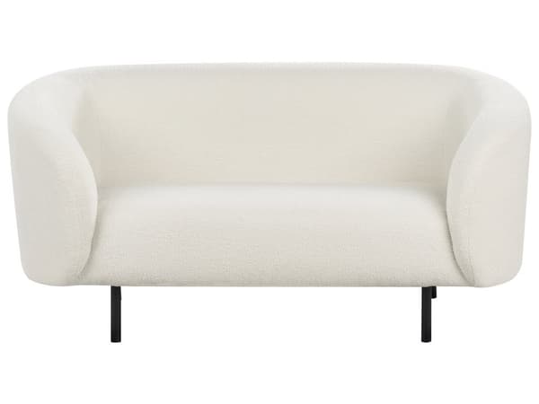 Sohva valkoinen bukleekangas verhoiltu mustat rautajalat kahdelle pörröinen kaareva perinteinen glamour tyyli
