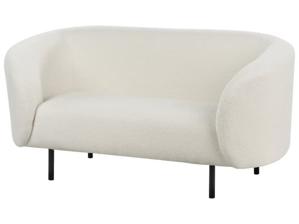 Sohva valkoinen bukleekangas verhoiltu mustat rautajalat kahdelle pörröinen kaareva perinteinen glamour tyyli