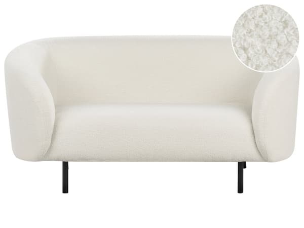 Sohva valkoinen bukleekangas verhoiltu mustat rautajalat kahdelle pörröinen kaareva perinteinen glamour tyyli