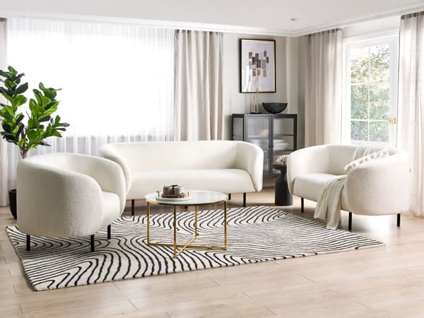 Soffa Vit Boucle Tyg 3-sits Mjuk Nubby Guld Ben Retro Glam Art Decor Style