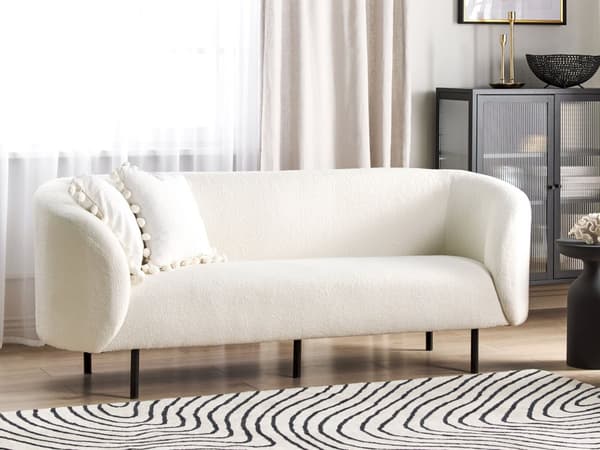 Soffa Vit Boucle Tyg 3-sits Mjuk Nubby Guld Ben Retro Glam Art Decor Style