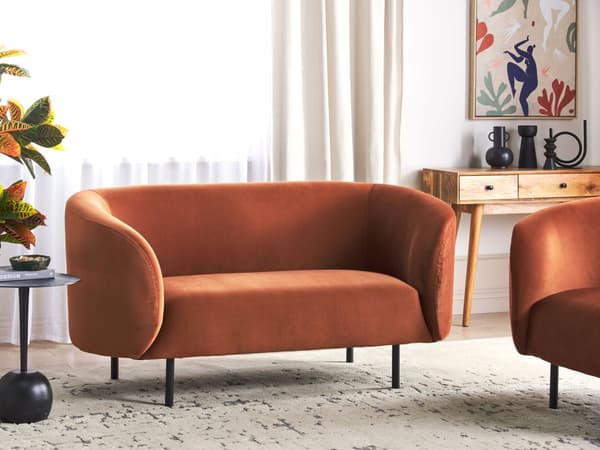 Soffa 2-sits Orange Sammet Mjuk Texturerad Rundad Design Svarta Ben Modern Konst Dekor Stil