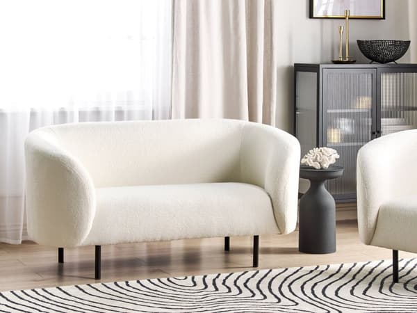 Soffa 2-sits Vit Bouclé Tyg Mjukt Noppig Svarta Ben Retro Glam Klassisk Art Déco Vardagsrum Bibliotek