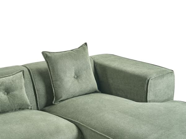 Hjørnesofa mørkegrøn chenille 3 sæder venstre hånd ekstra spredte puder moderne stue