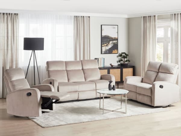 Manuell Hvilesofa-sofasett Beige fløyelspolstret 3 og 2 seters lenestol Sofa Moderne design Slapp av funksjon