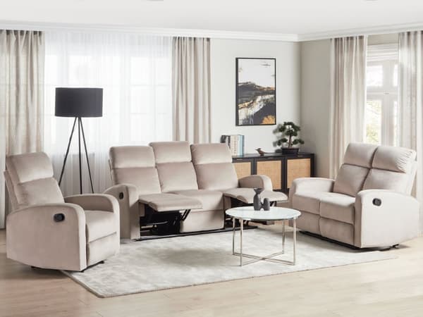 Manuell Hvilesofa-sofasett Beige fløyelspolstret 3 og 2 seters lenestol Sofa Moderne design Slapp av funksjon