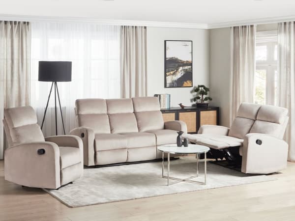 Manuell Hvilesofa-sofasett Beige fløyelspolstret 3 og 2 seters lenestol Sofa Moderne design Slapp av funksjon