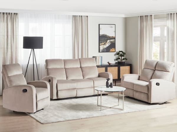 Manuell Hvilesofa-sofasett Beige fløyelspolstret 3 og 2 seters lenestol Sofa Moderne design Slapp av funksjon