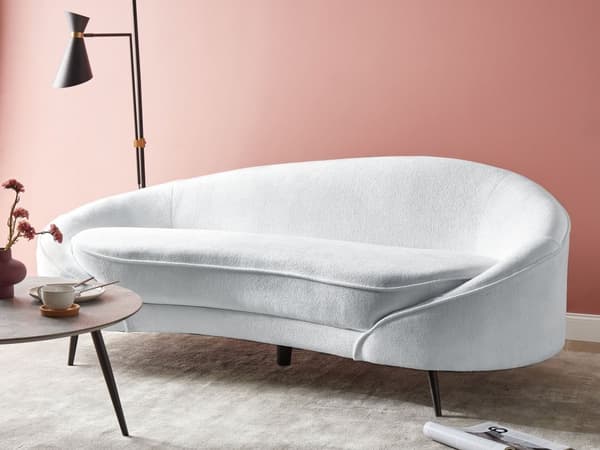 Sofa Hvit Boucle Glamour Buet Retro 3-seter med Ben Gull Metall