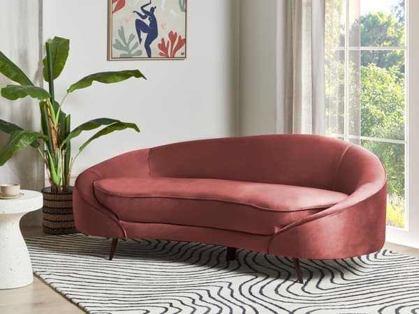 Sofa Red Velour Polstret Guld Metalben 3 Personers Moderne Designsofa med Buet Ryg Retro Minimalistisk Pastel til Stuen