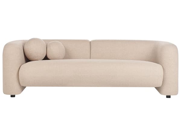 Sohva beige bukleekangas verhoiltu puu kolmelle kaareva pyöreät koristetyynyt moderni glamour tyyli