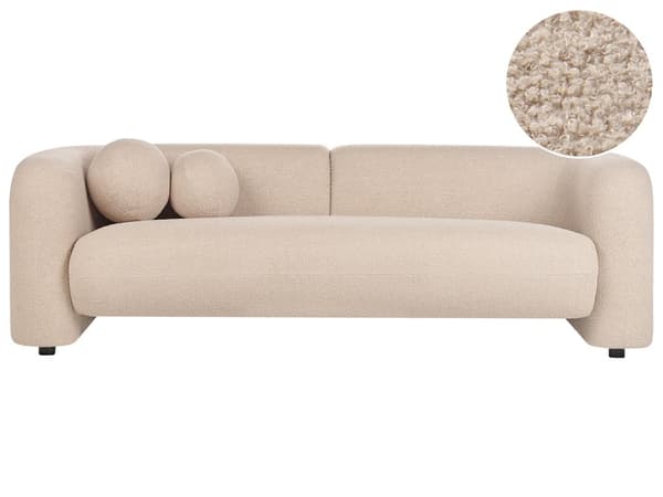 Sohva beige bukleekangas verhoiltu puu kolmelle kaareva pyöreät koristetyynyt moderni glamour tyyli