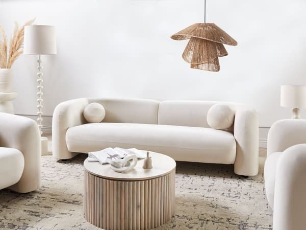 Soffa 3-sits Sammet Off-white med Prydnadskuddar Retro Glam Art Déco Vardagsrum