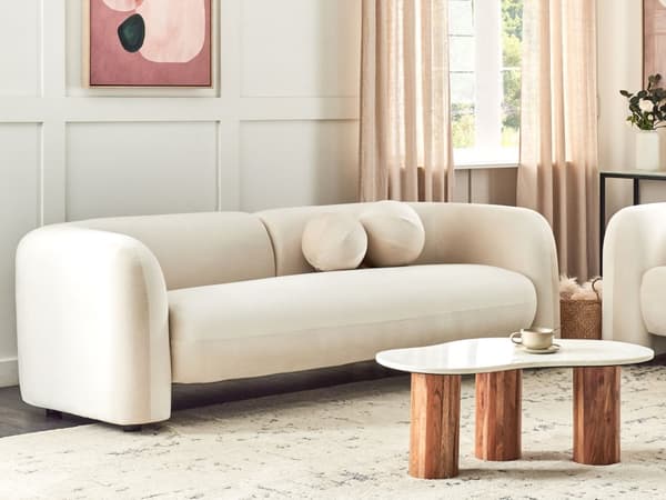 Soffa 3-sits Sammet Off-white med Prydnadskuddar Retro Glam Art Déco Vardagsrum