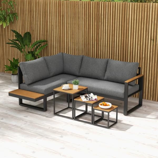 Rootz Uteserveringsgrupp - 5-delad Loungemöbler - Trädgårdsmöbelset - Soffbord - Sittkuddar - Grå + Natur - 148 cm x 61 cm x 71,5 cm
