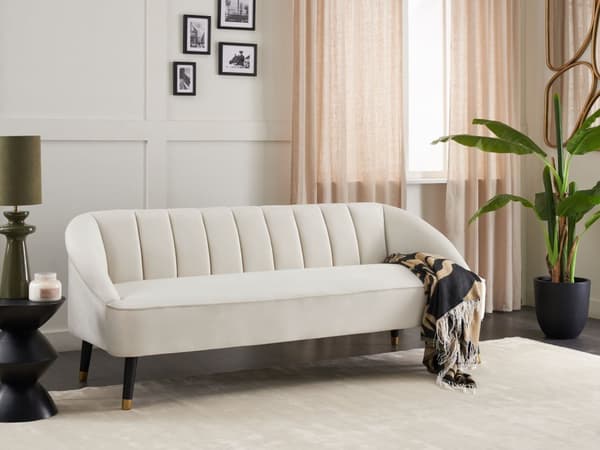 Sofa Off White Velour 3 Personers Tyk Polstret Dyb Blød Stofsofa til Stuen Moderne Inspiration Stue Møbel Klassisk