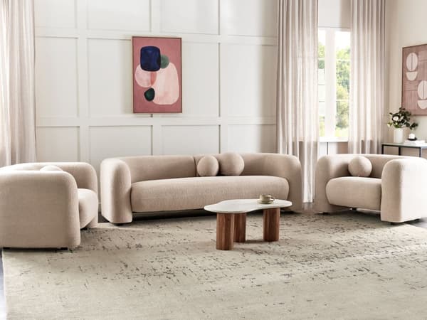 5-seters Stuesett Beige Boucle Stoff Sofa Lenestol med Ekstra Kasteputer Retro Glam Art Decor Style