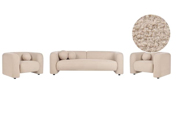 5-seters Stuesett Beige Boucle Stoff Sofa Lenestol med Ekstra Kasteputer Retro Glam Art Decor Style