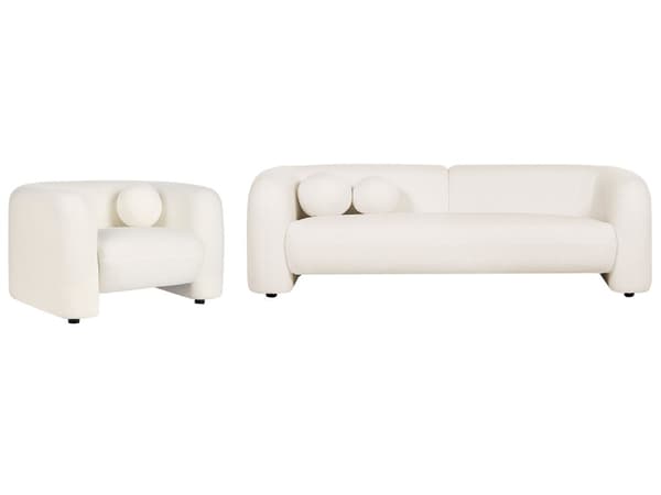 4-seters Stuesett Hvit Boucle Stoff Sofa Lenestol med Ekstra Kasteputer Retro Glam Art Decor Style