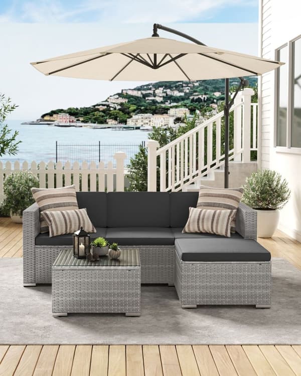 Rootz 4-osainen harmaa PE polyrottinki-sohvasetti - Ulkokalusteet - Patiosarja - VFT-pehmuste - Jauhemaalattu teräs - Karkaistu lasi - 173cm x 60cm x
