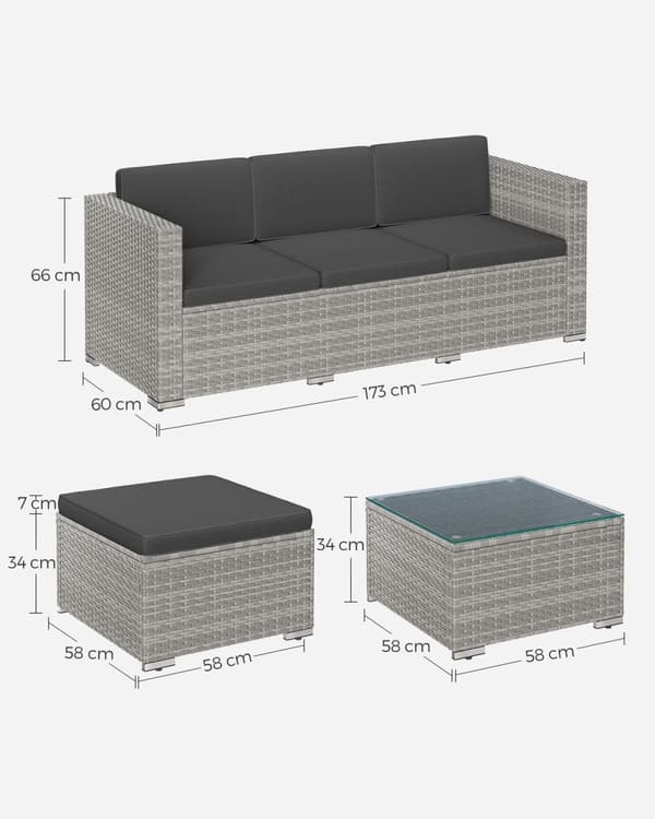 Rootz 4-osainen harmaa PE polyrottinki-sohvasetti - Ulkokalusteet - Patiosarja - VFT-pehmuste - Jauhemaalattu teräs - Karkaistu lasi - 173cm x 60cm x