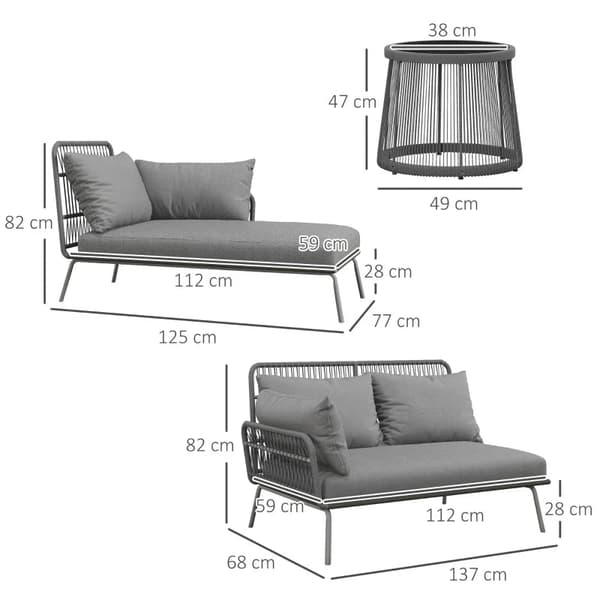 Rootz udendørs siddegruppe - Dobbelt sofa - Havesofa - Boho Style - 1 hjørnesofa - 1 sidebord - Lysegrå - 125 cm x 77 cm x 82 cm