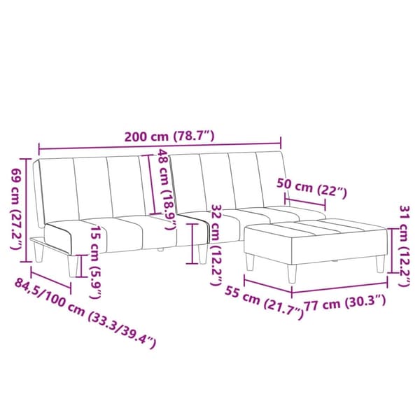 vidaXL Bäddsoffa 2-sits med fotpall ljusgrå tyg