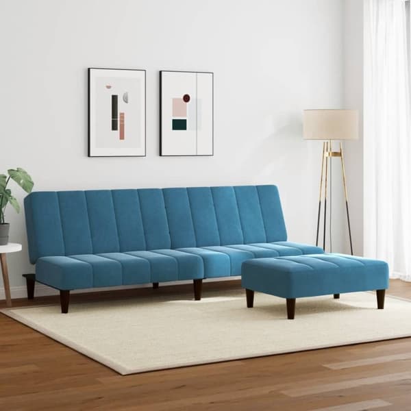 vidaXL Bäddsoffa 2-sits med fotpall blå sammet