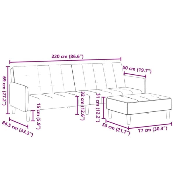 vidaXL Bäddsoffa 2-sits med fotpall ljusgrå sammet