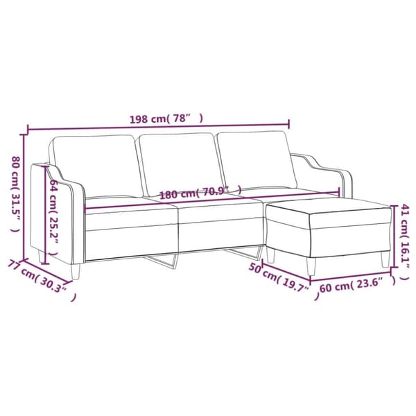 vidaXL 3-personers sofa med fodskammel 180 cm stof Cremefarvet