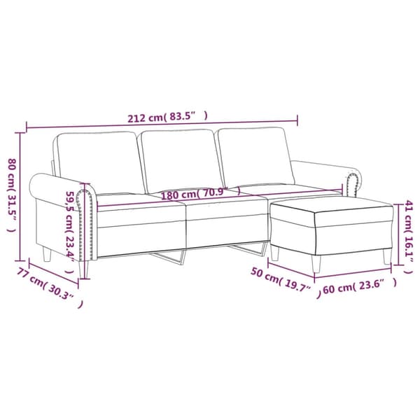 vidaXL 3-sitssoffa med fotpall gräddvit 180 cm sammet