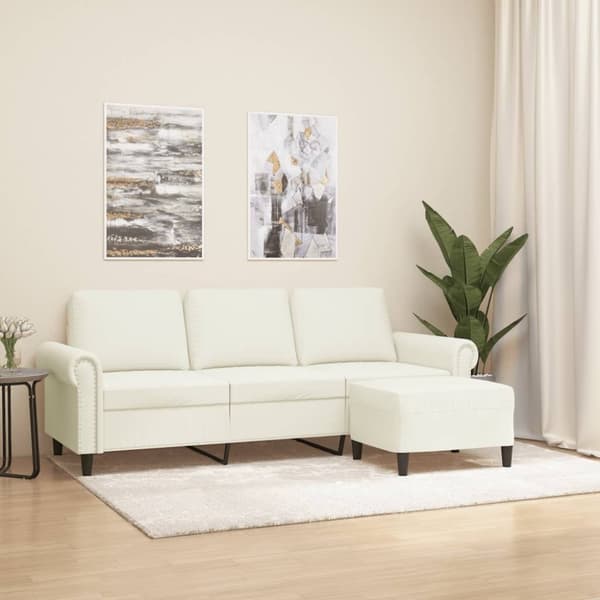 vidaXL 3-sitssoffa med fotpall gräddvit 180 cm sammet