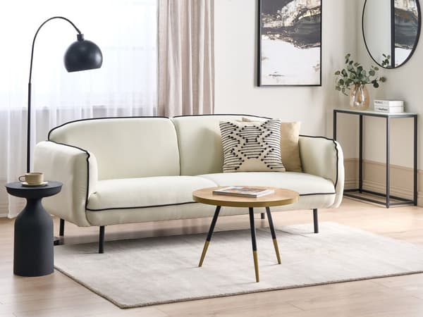 Soffa 3-sits Ljusbeige Tyg Mjuka Metallben Svart Dekorativ Kant Retro Glam Art Decor Stil
