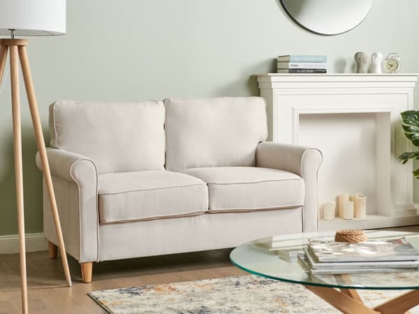 Soffa Ljusbeige Tyg Träram Fjädrande Sits Vardagsrum 2-sits