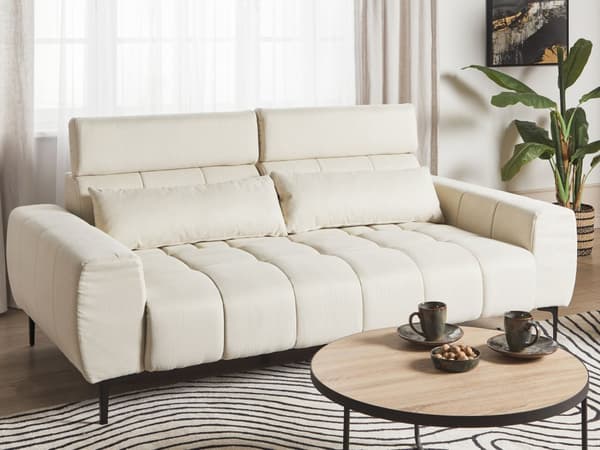 Soffa 3-sits Krämfärgad Tygklädsel med Justerbara Nackstöd Modern Stil Vardagsrumsmöbler