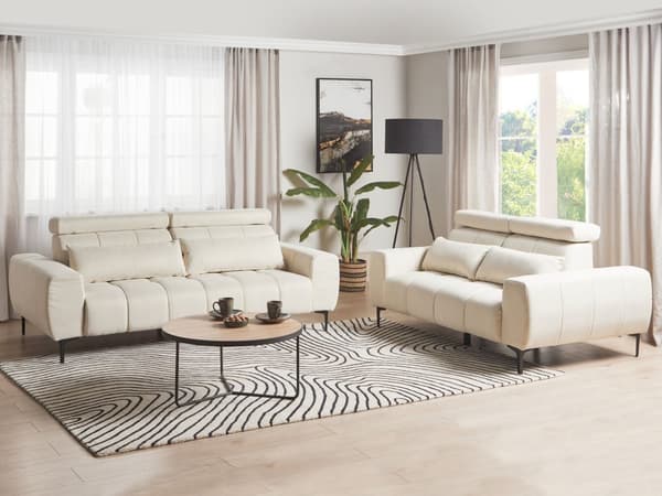 Soffa 3-sits Krämfärgad Tygklädsel med Justerbara Nackstöd Modern Stil Vardagsrumsmöbler