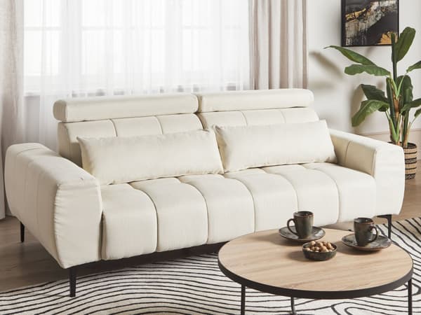 Soffa 3-sits Krämfärgad Tygklädsel med Justerbara Nackstöd Modern Stil Vardagsrumsmöbler