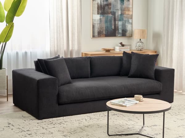 Sofa sort 3-personers polstret stof med dekorative hynder bred Skandinavisk stil moderne