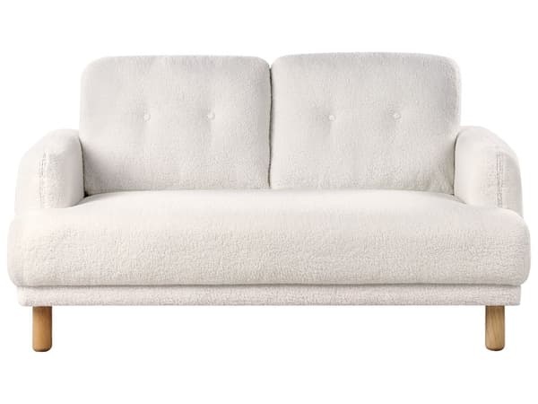 Sohva valkoinen bukleekangas verhoiltu puujalat kahdelle nappikoristeltu olohuoneen retro minimalistinen tyyli