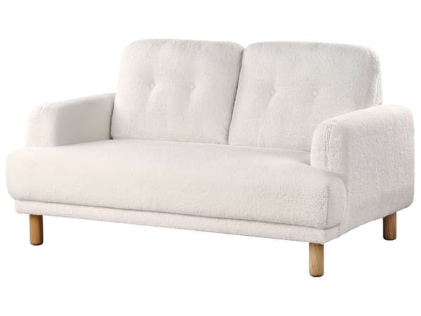 Sohva valkoinen bukleekangas verhoiltu puujalat kahdelle nappikoristeltu olohuoneen retro minimalistinen tyyli