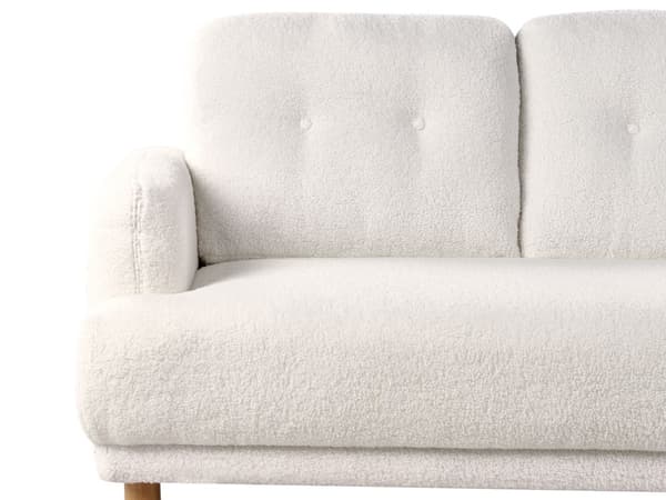 Sohva valkoinen bukleekangas verhoiltu puujalat kahdelle nappikoristeltu olohuoneen retro minimalistinen tyyli