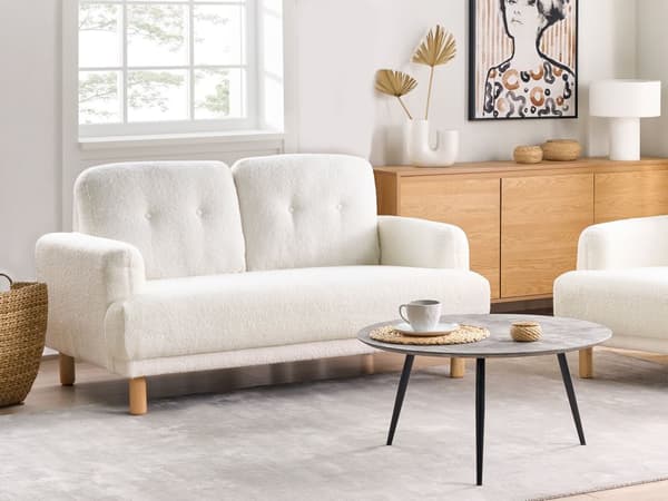 Sohva valkoinen bukleekangas verhoiltu puujalat kahdelle nappikoristeltu olohuoneen retro minimalistinen tyyli