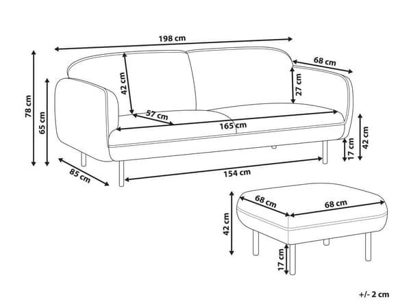 Sofa med fotskammel Lys beige Stoff 3-seter Metallben Dekorative kanter i svart Retro og glamorøs stil Stue